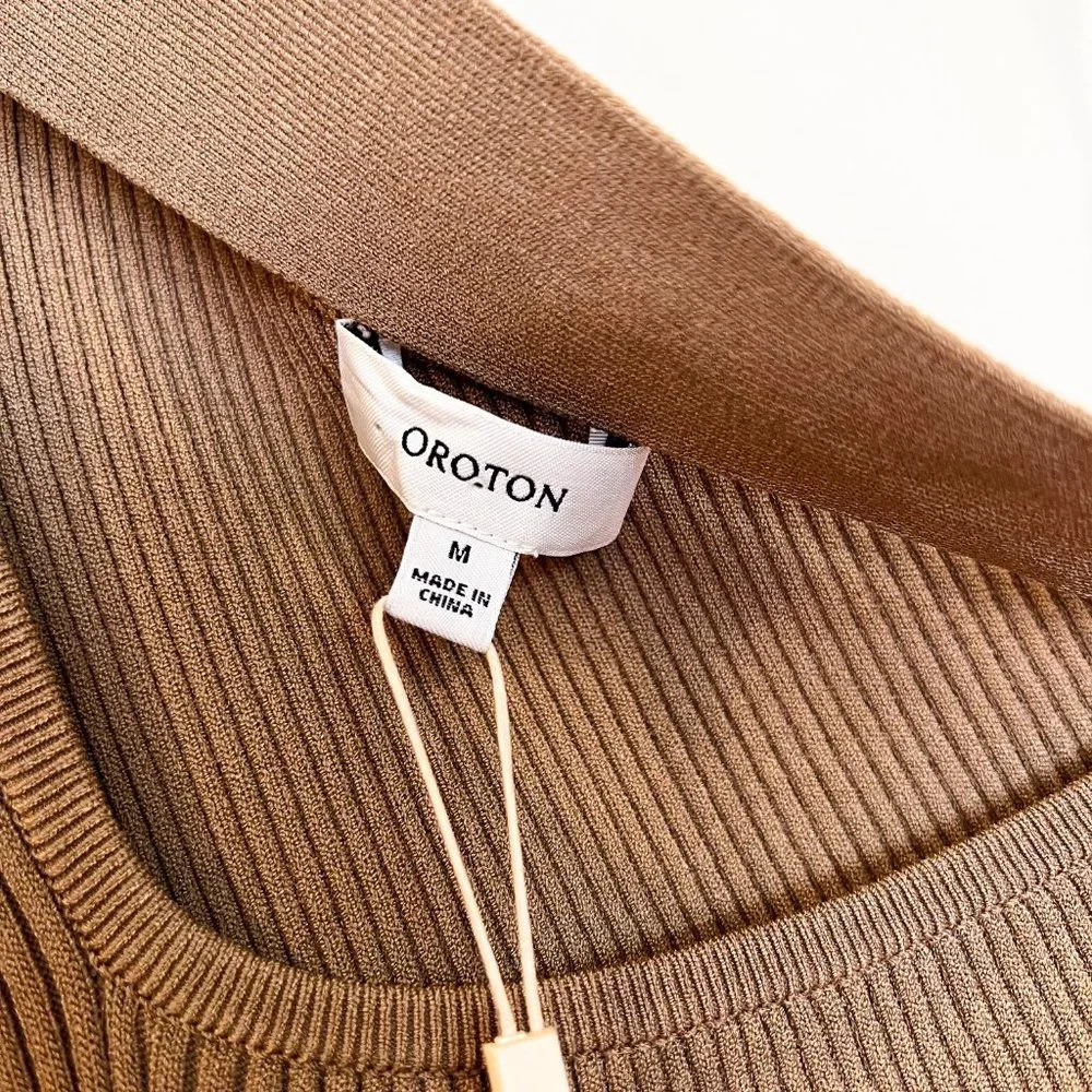 Oroton Tan One Sleeve Asymmetric Knit Stretchy Designer Midi Dress Medium Nwt — image 4 of 8